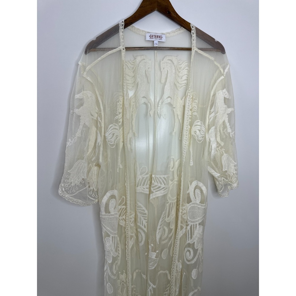 Shyanne Sheer Embroidered Horse Theme Lace Kimono Tassel Fringe Duster L/XL - Picture 6 of 14